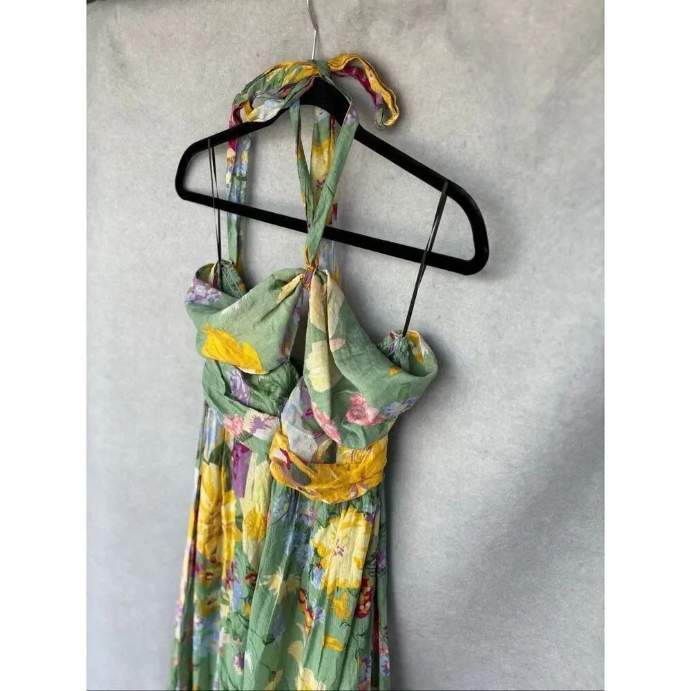 H&M Green Floral Halter Neck Midi Maxi Cut Out Summer Dress SIZE L Vacation Boho - Picture 5 of 11